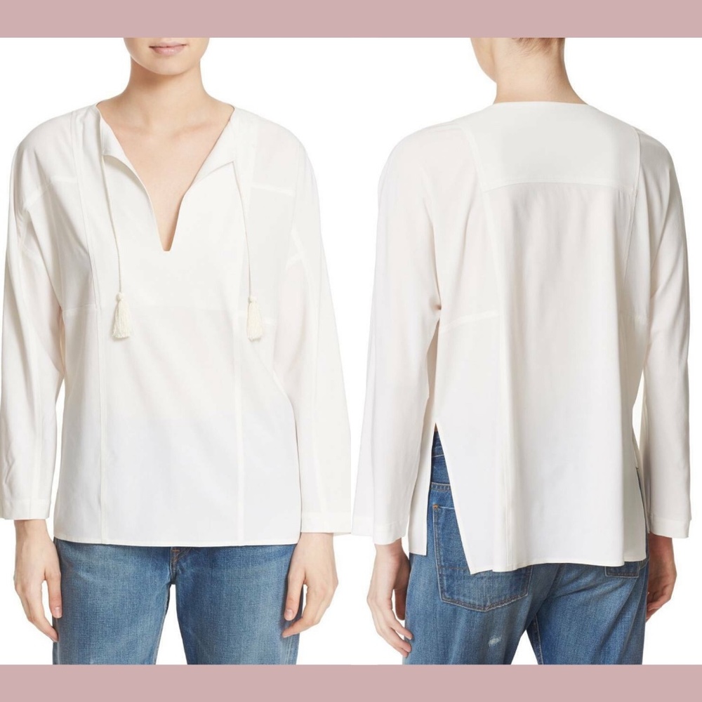 NWT $345 Vince Festival Split Tie Neck Top in Chalk-White [SZ‎ XS ]